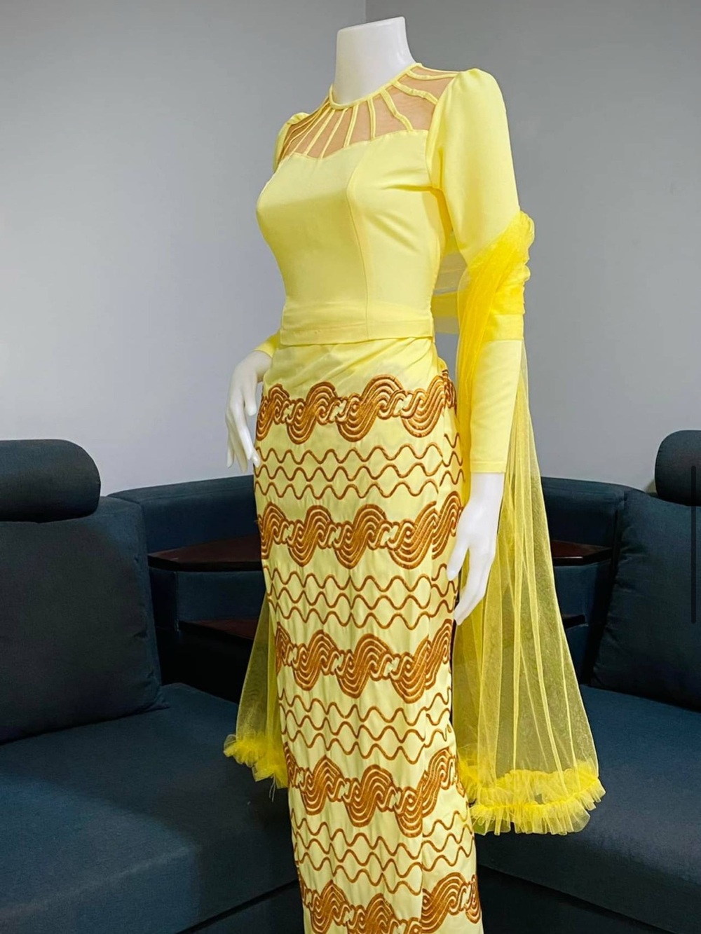 Yellow Embroidered Maxi Skirt Set with Sheer Detail